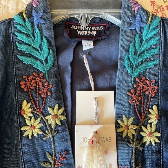 NWT Johnny WAS DENIM LYOCELL FULLY EMBROIDERED SIDE POCKET KIMONO SIZE US L … - Picture 10 of 15